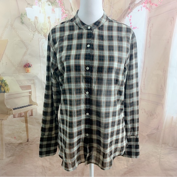 Nili Lotan Judith Mocha Plaid Cotton Button Down Shirt - Picture 3 of 12